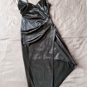 Little Black Satin Cocktail Dress - asymmetrical slit